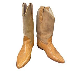 Vintage Western Mid Calf Suede & Leather Lizard Embossed Boots Light Tan Size 6